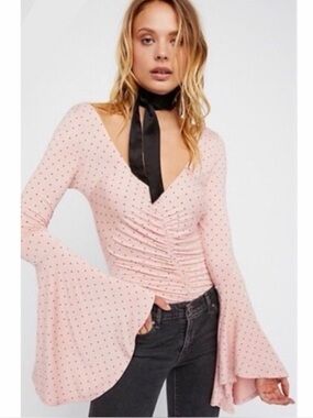 Free People We The Free What a Babe Pink Bell-Sleeve Polka Dot Top, Size Medium
